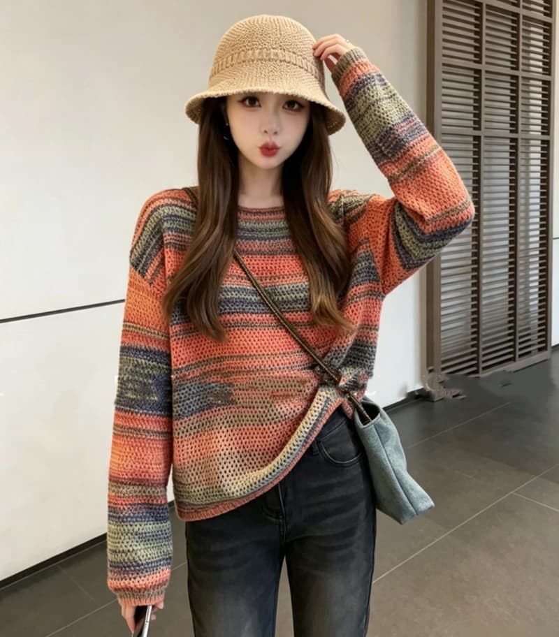 26 가을 새로운 지방 mm 무지개 스트라이프 니트 스웨터 품격 배색 슬림해 보이는 다용도 루즈핏 다용도 맨위 상세 이미지 3