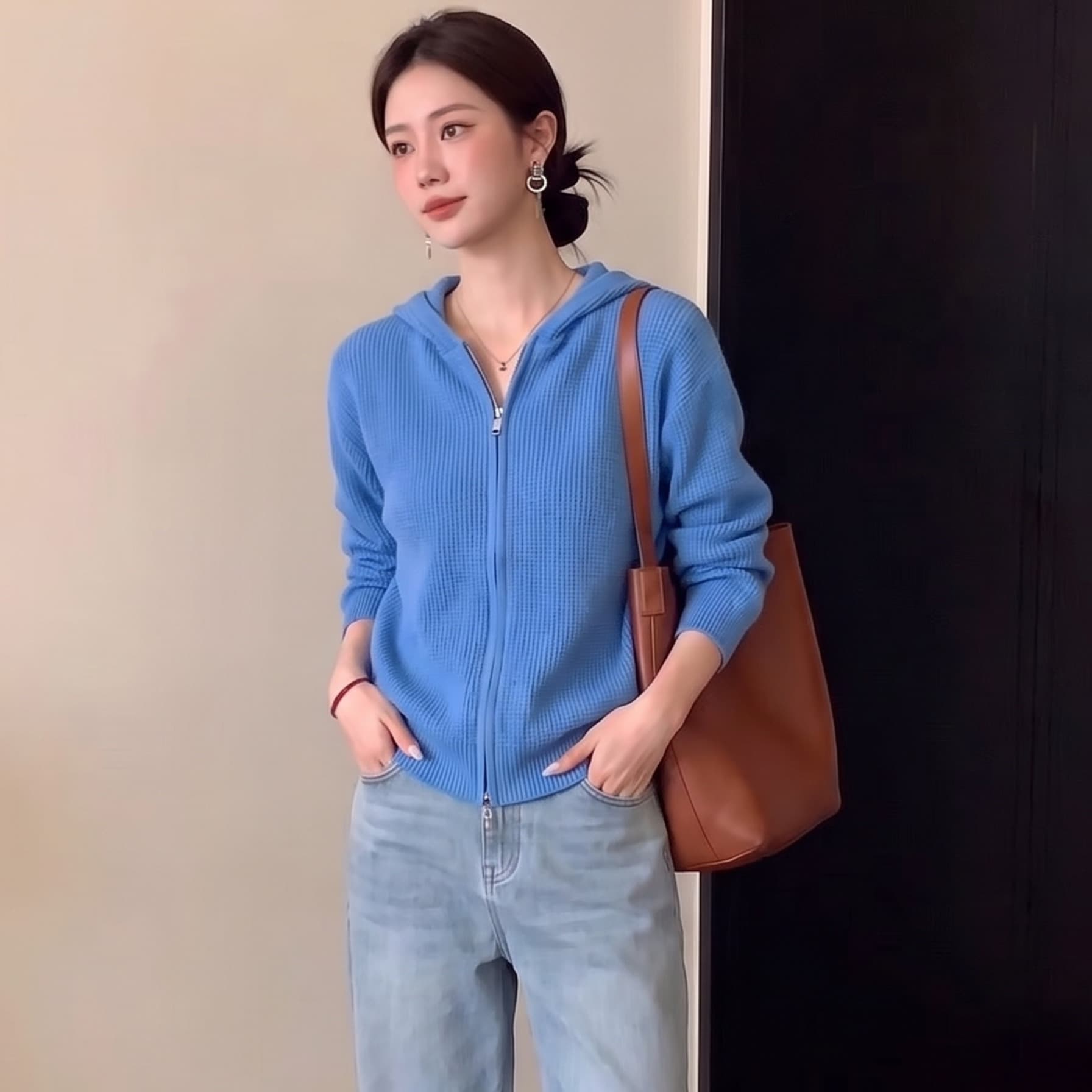 실사 빅 사이즈 여성 의류 가을 겨울 새로운 후아 남편 그리드 후드 니트 오픈 가디건 루즈핏 슬림해 보이는 다용도 스웨터 코트 이미지 5
