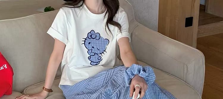 지금 여름 신제품 kt 고양이 프린트 t 보내기 헤드 플라워 체크무늬 돼지 코 버클 반신 스커트 투피스 세트 출산 착용 상세 이미지 13