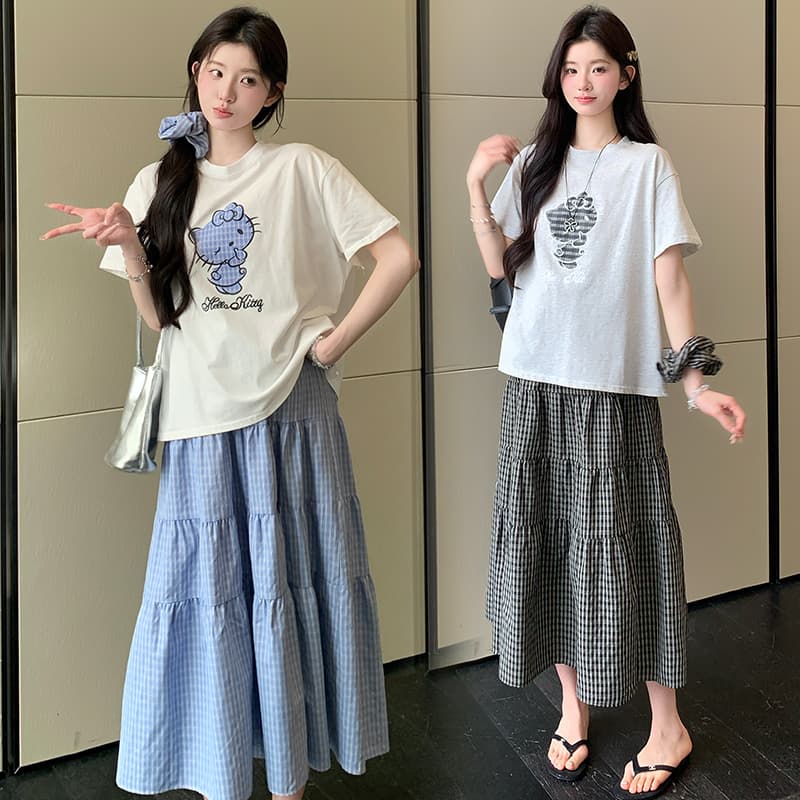실사 xian 물품 여름 신제품 kt 고양이 프린트 체크무늬 반신 스커트 투피스 세트 이미지 4