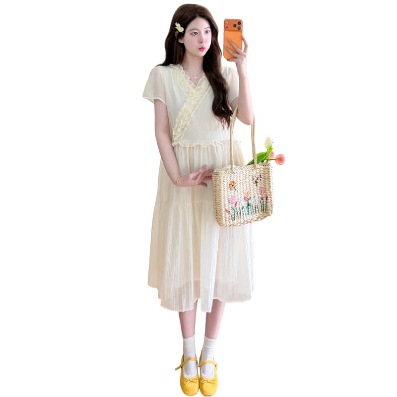 실사 xian 물품 여름 신제품 프랑스식 프릴 빅 사이즈 V넥 드레스 이미지 6