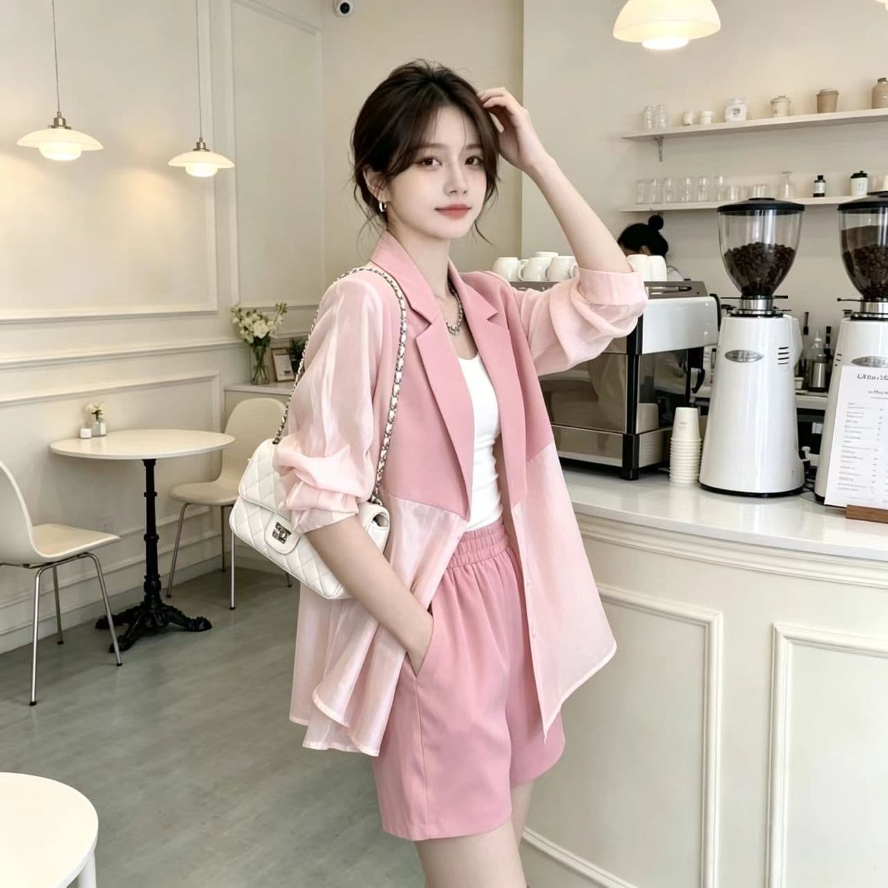 2026 새로운 한국 스타일 패션 세트 여성 여름 정장 칼라 자외선 차단 정장 재킷 품격 슬림해 보이는 반바지 투피스 세트 이미지 2