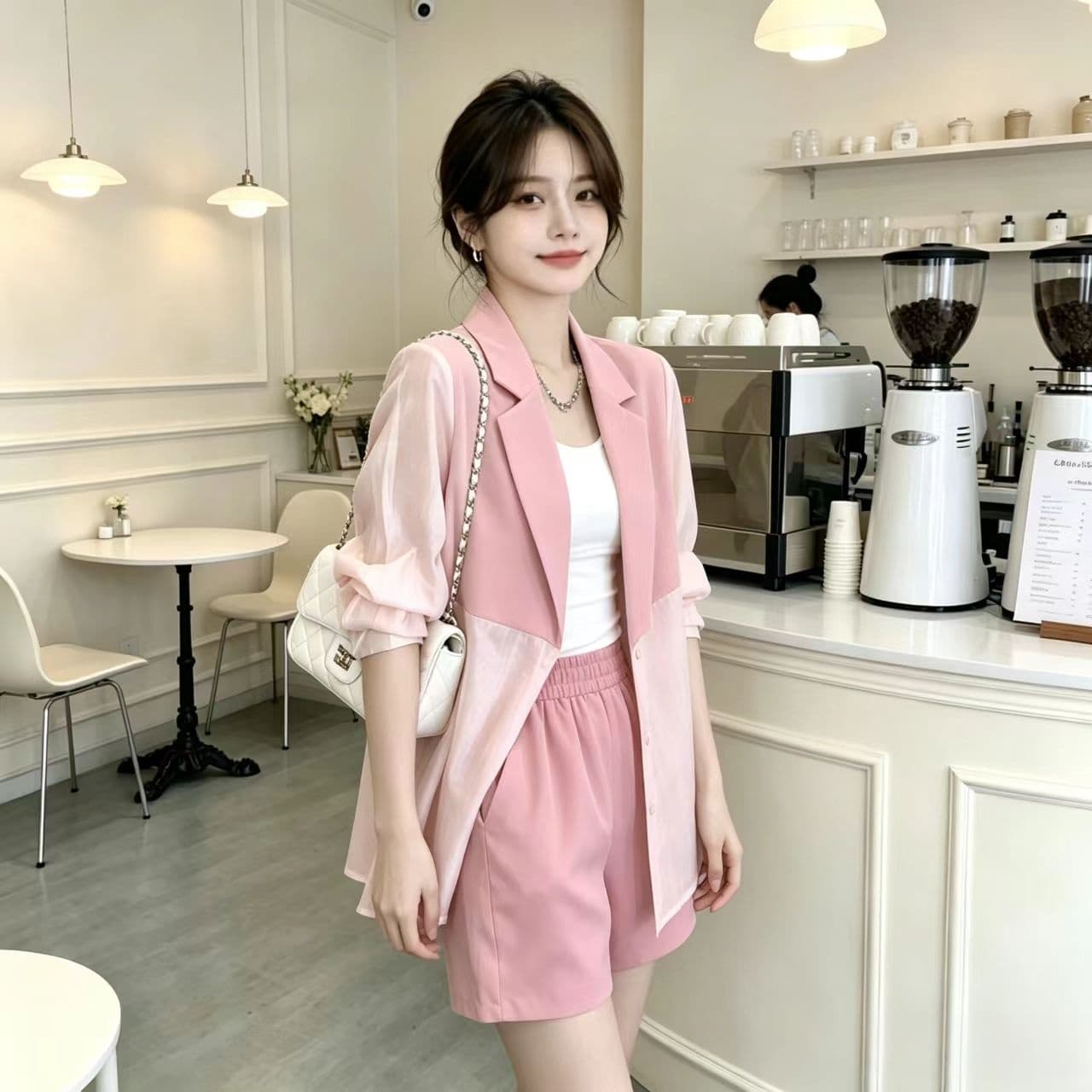 2026 새로운 한국 스타일 패션 세트 여성 여름 정장 칼라 자외선 차단 정장 재킷 품격 슬림해 보이는 반바지 투피스 세트 상세 이미지 1