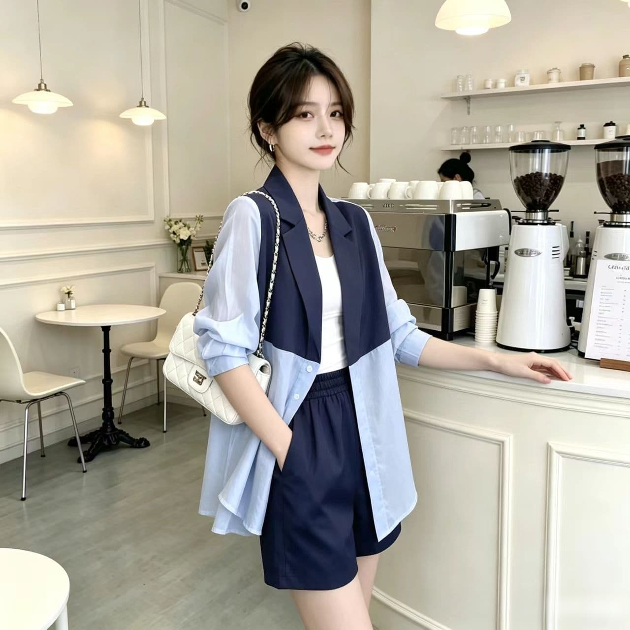 2026 새로운 한국 스타일 패션 세트 여성 여름 정장 칼라 자외선 차단 정장 재킷 품격 슬림해 보이는 반바지 투피스 세트 상세 이미지 3