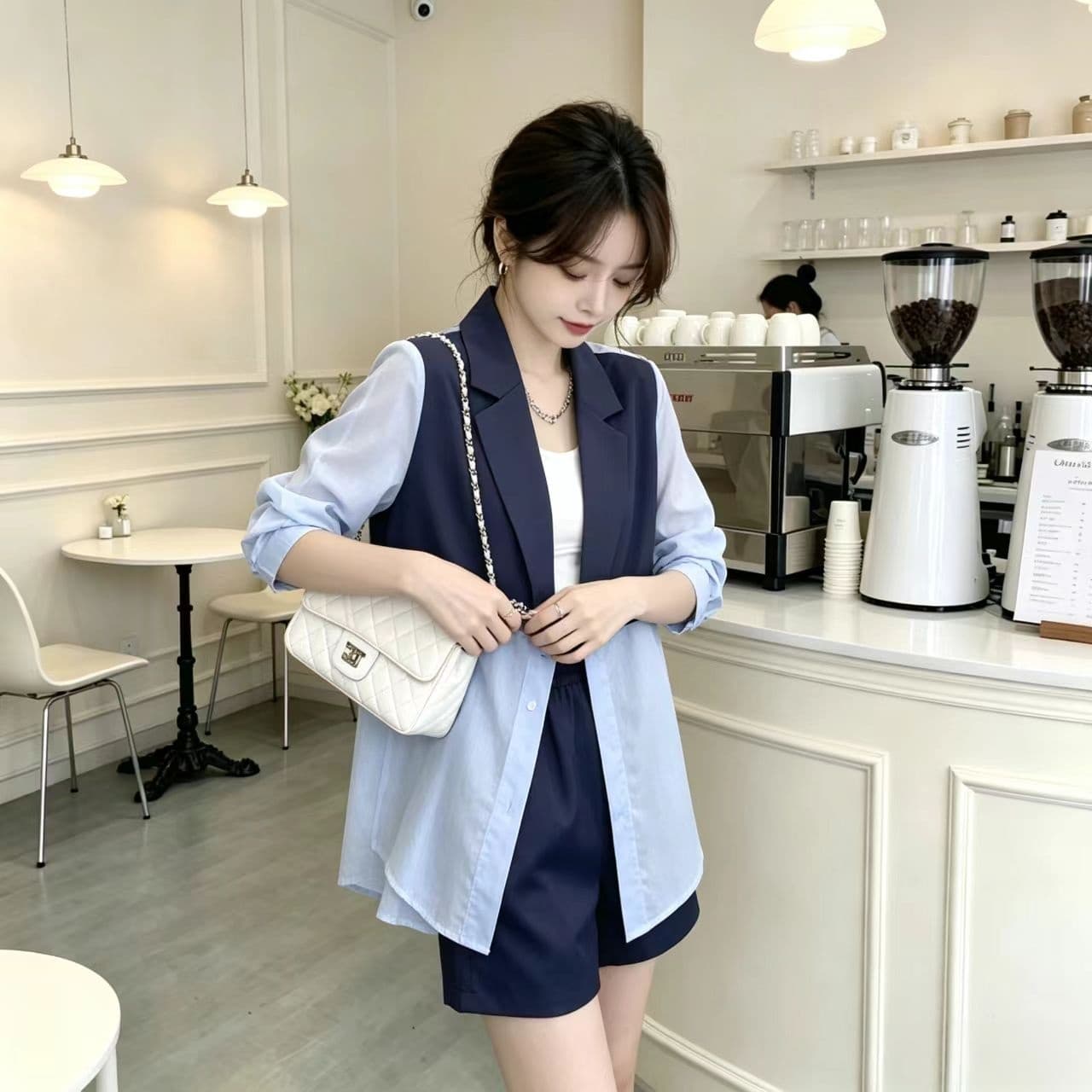2026 새로운 한국 스타일 패션 세트 여성 여름 정장 칼라 자외선 차단 정장 재킷 품격 슬림해 보이는 반바지 투피스 세트 상세 이미지 4