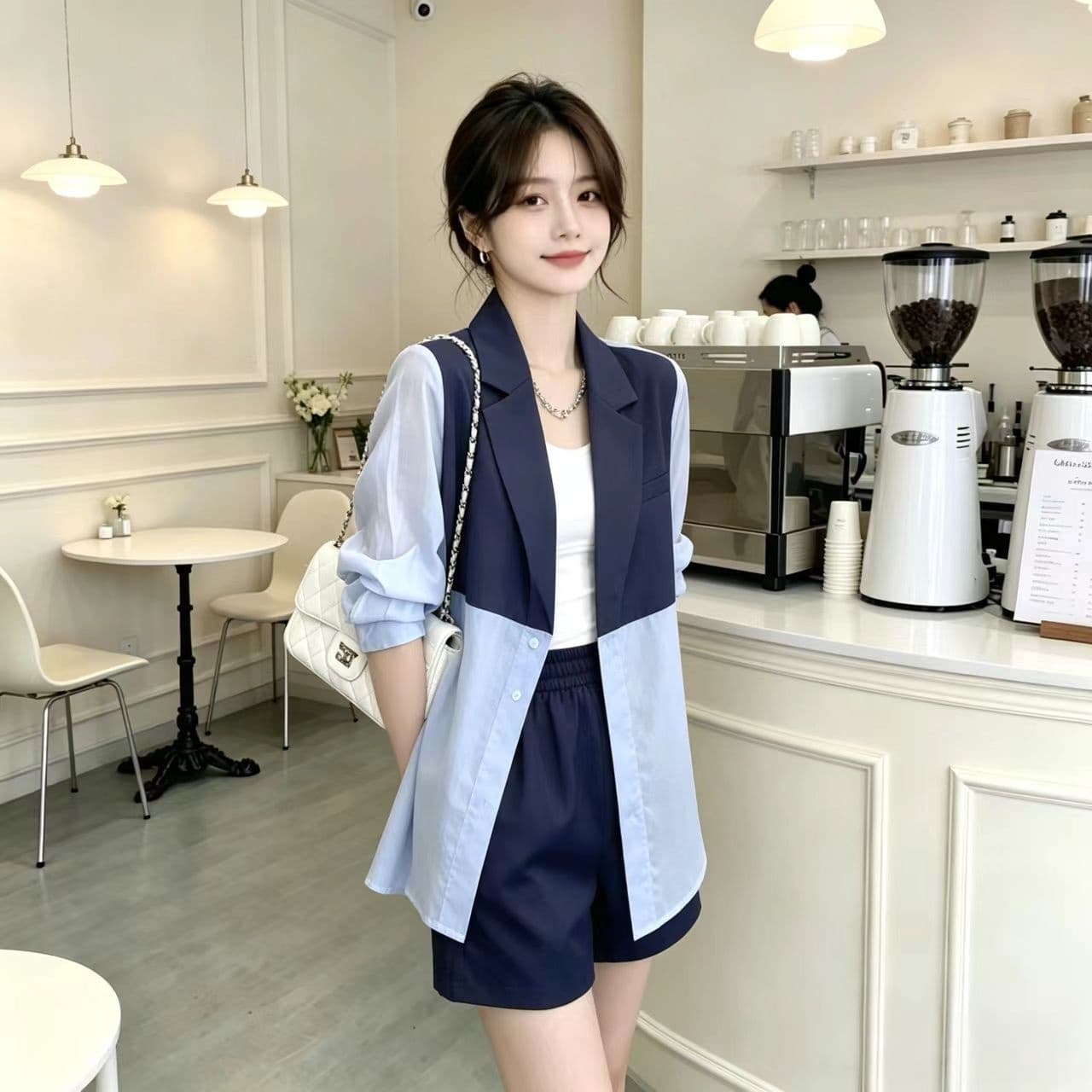 2026 새로운 한국 스타일 패션 세트 여성 여름 정장 칼라 자외선 차단 정장 재킷 품격 슬림해 보이는 반바지 투피스 세트 상세 이미지 5