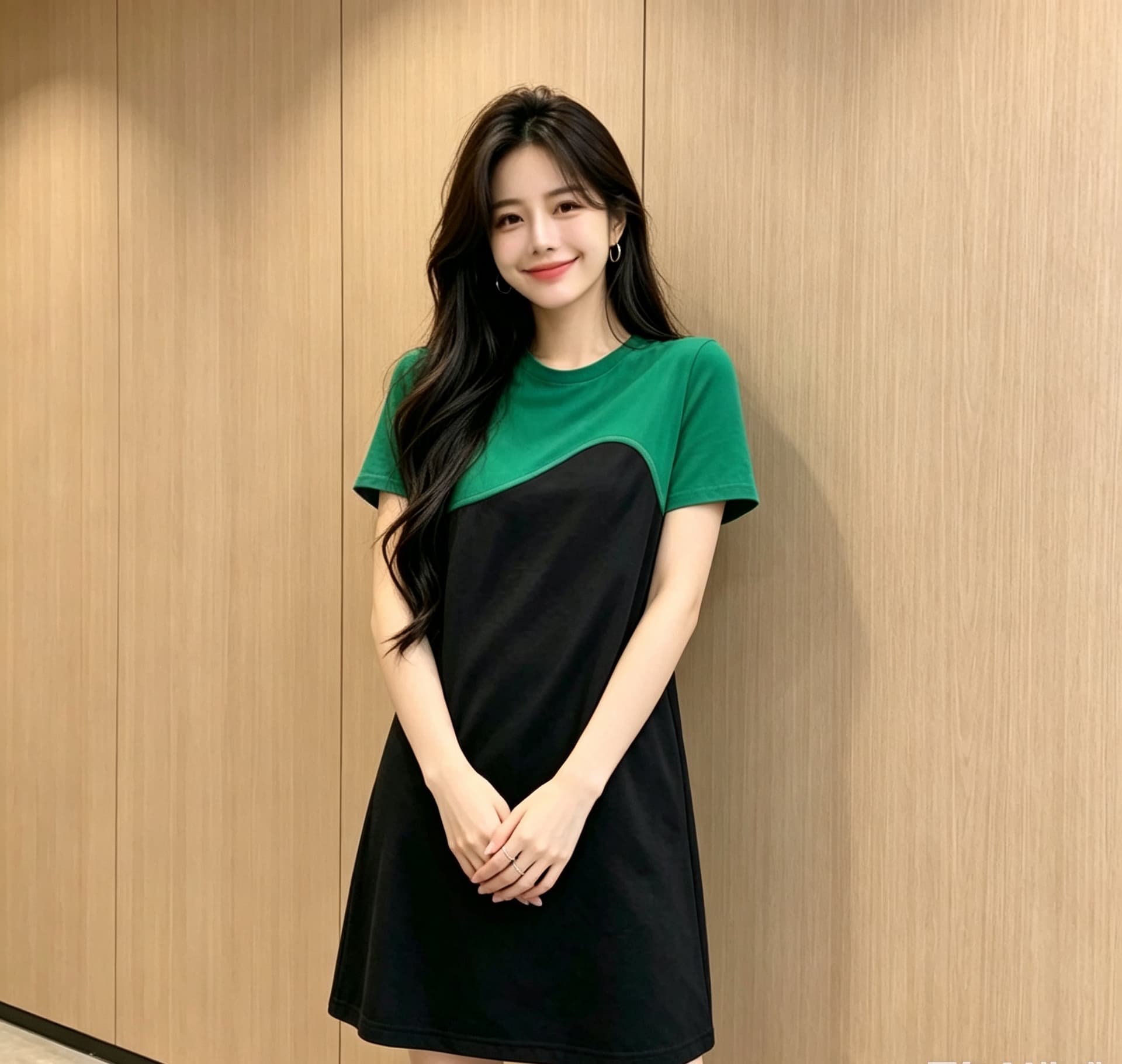 라운드 넥 배색 패치워크 반팔 허리 수축 스트레이트 캐주얼 중간 길이 여성 드레스 2026 여름 새로운 상세 이미지 2