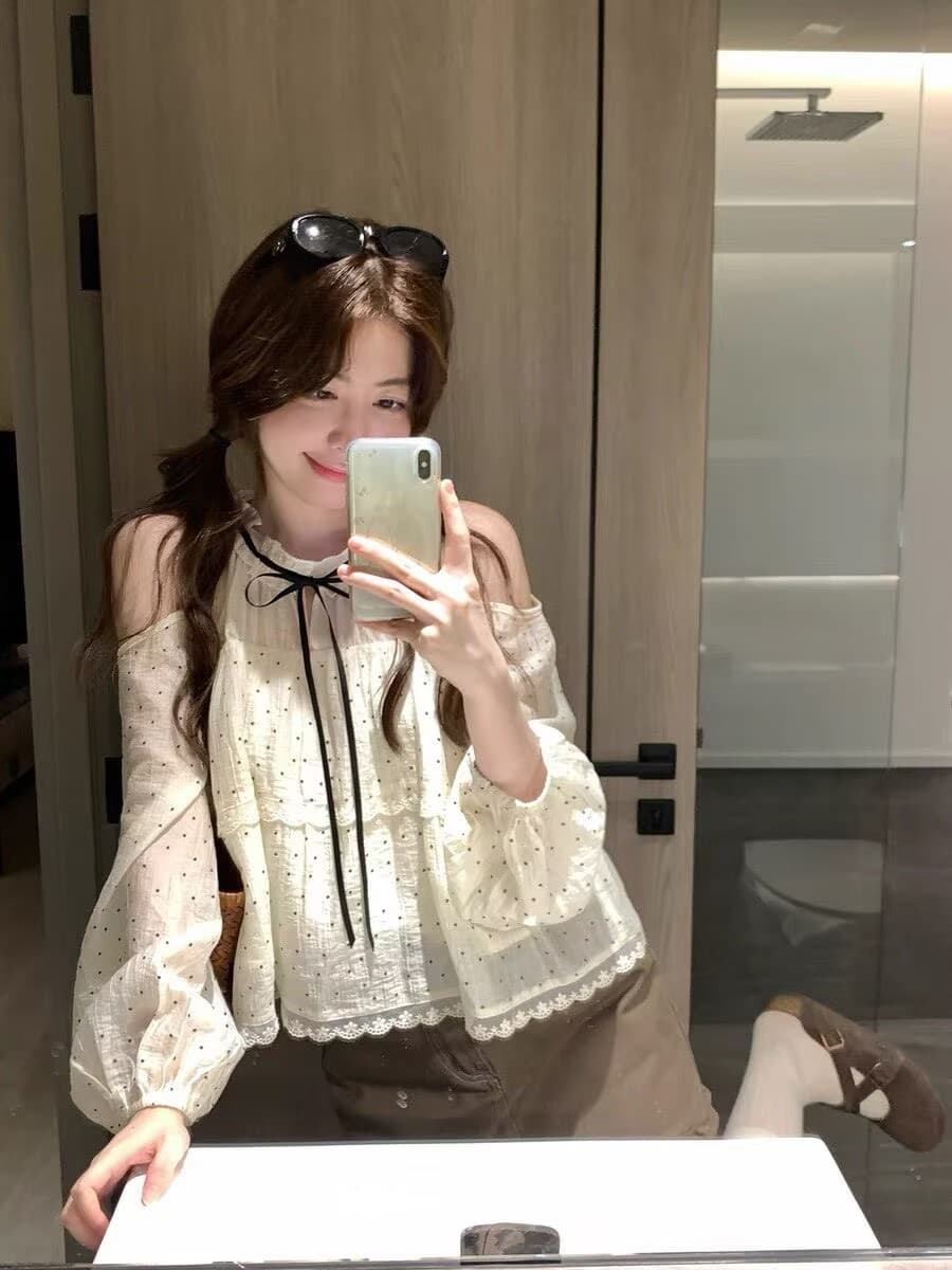 ptonumi 조기 지 봄 나이 3.3 일 늦게 8시 켜기 새로운 오프숄더 나비 매듭 도트 무늬 셔츠 이미지 2