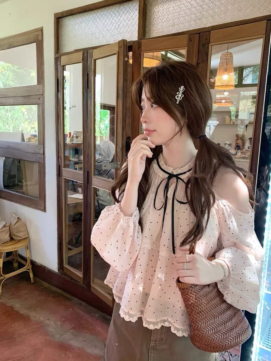 ptonumi 조기 지 봄 나이 3.3 일 늦게 8시 켜기 새로운 오프숄더 나비 매듭 도트 무늬 셔츠 상세 이미지 3