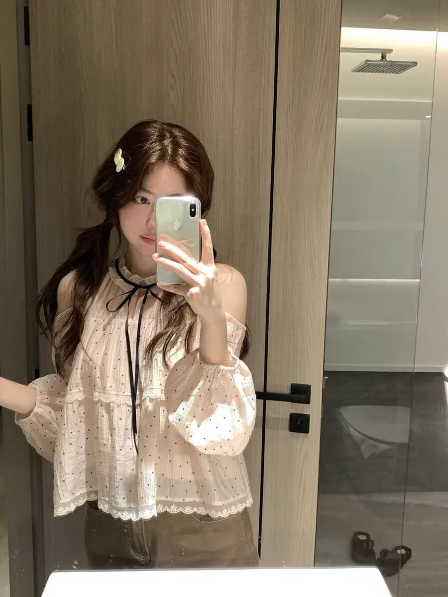 ptonumi 조기 지 봄 나이 3.3 일 늦게 8시 켜기 새로운 오프숄더 나비 매듭 도트 무늬 셔츠 상세 이미지 4