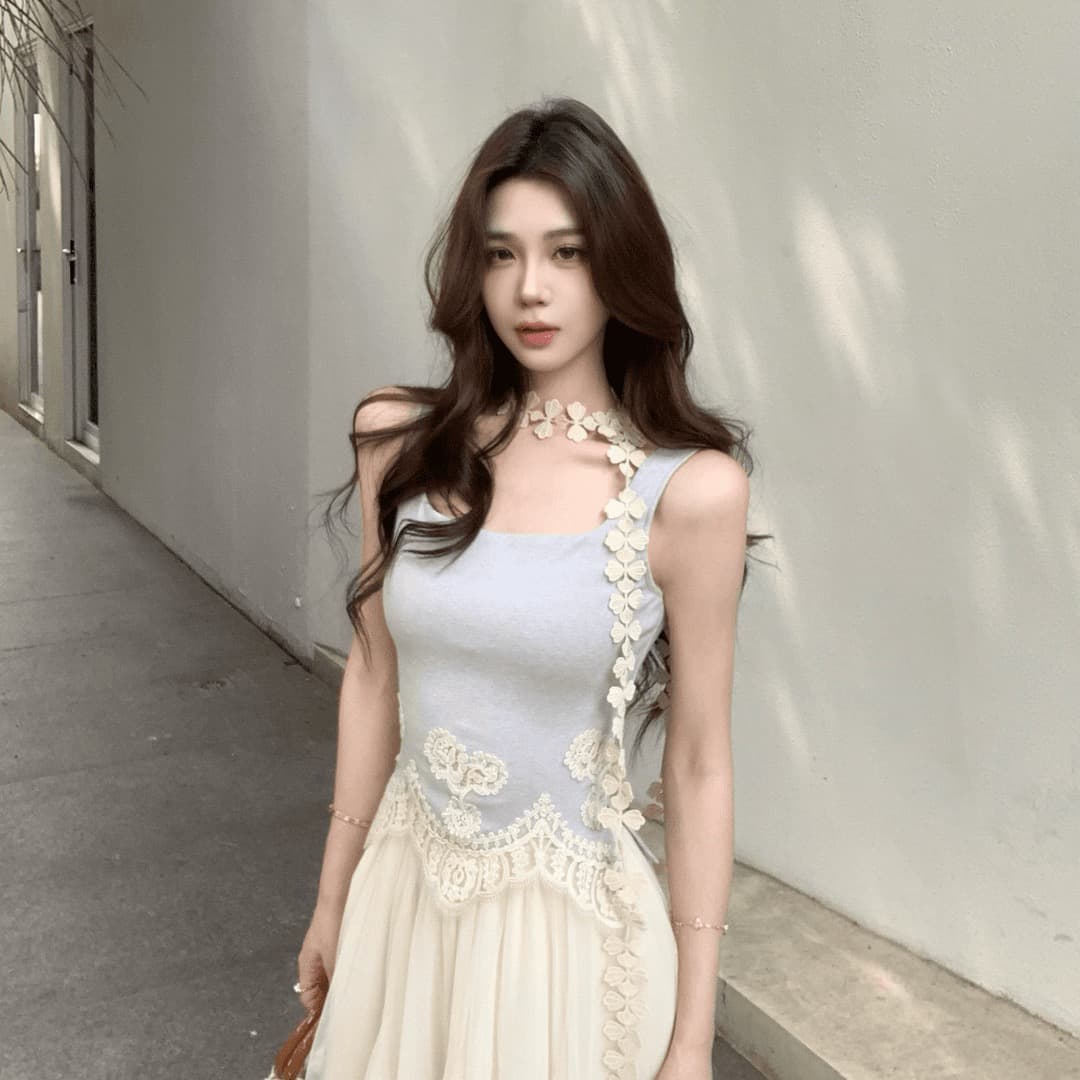 맑은 빛 남자 제직 디자인 센스 레이스 자수 패치워크 니트 맨위 광장 칼라 캐미솔 반 스커트 상세 이미지 1