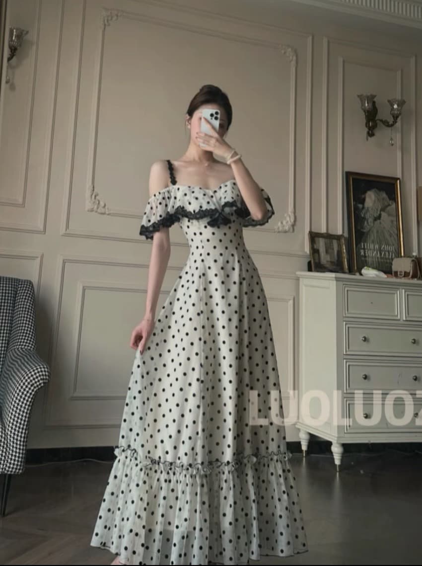 luoluoz 안개 그림자 라운드 춤 고급 센스 품격 도트 무늬 허리 수축 패션 배색 롱 코트 드레스 상세 이미지 5