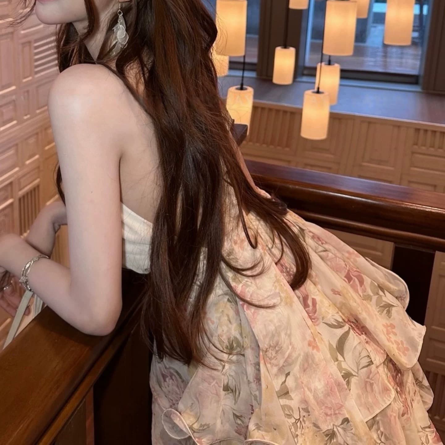 여름 프롤로그 요정 휴가 바람 이중층 프릴 꽃무늬 행침 목 드레스 상세 이미지 3