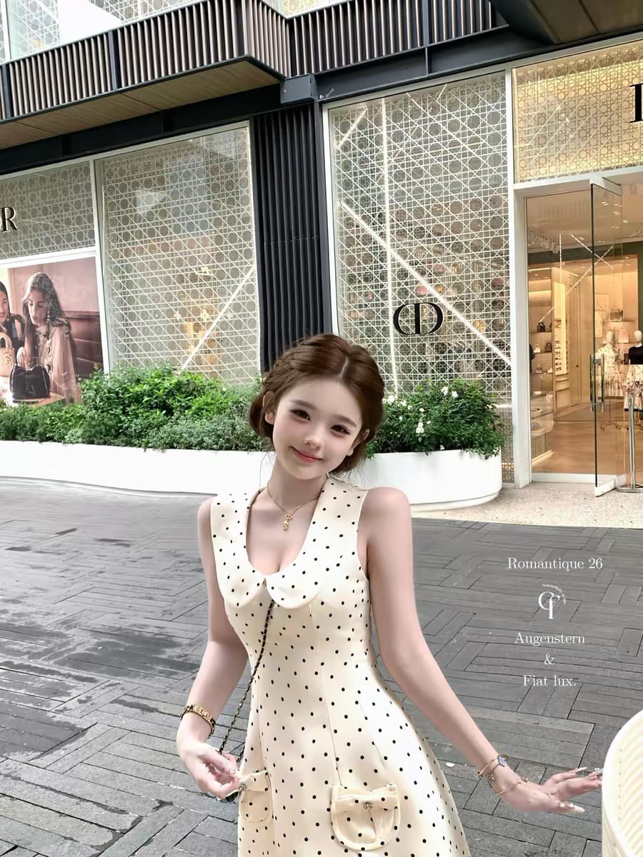 조금 천 프랑스식 달콤한 스타일 도트 무늬 허리 수축 슬림해 보이는 여름 드레스 이미지 4