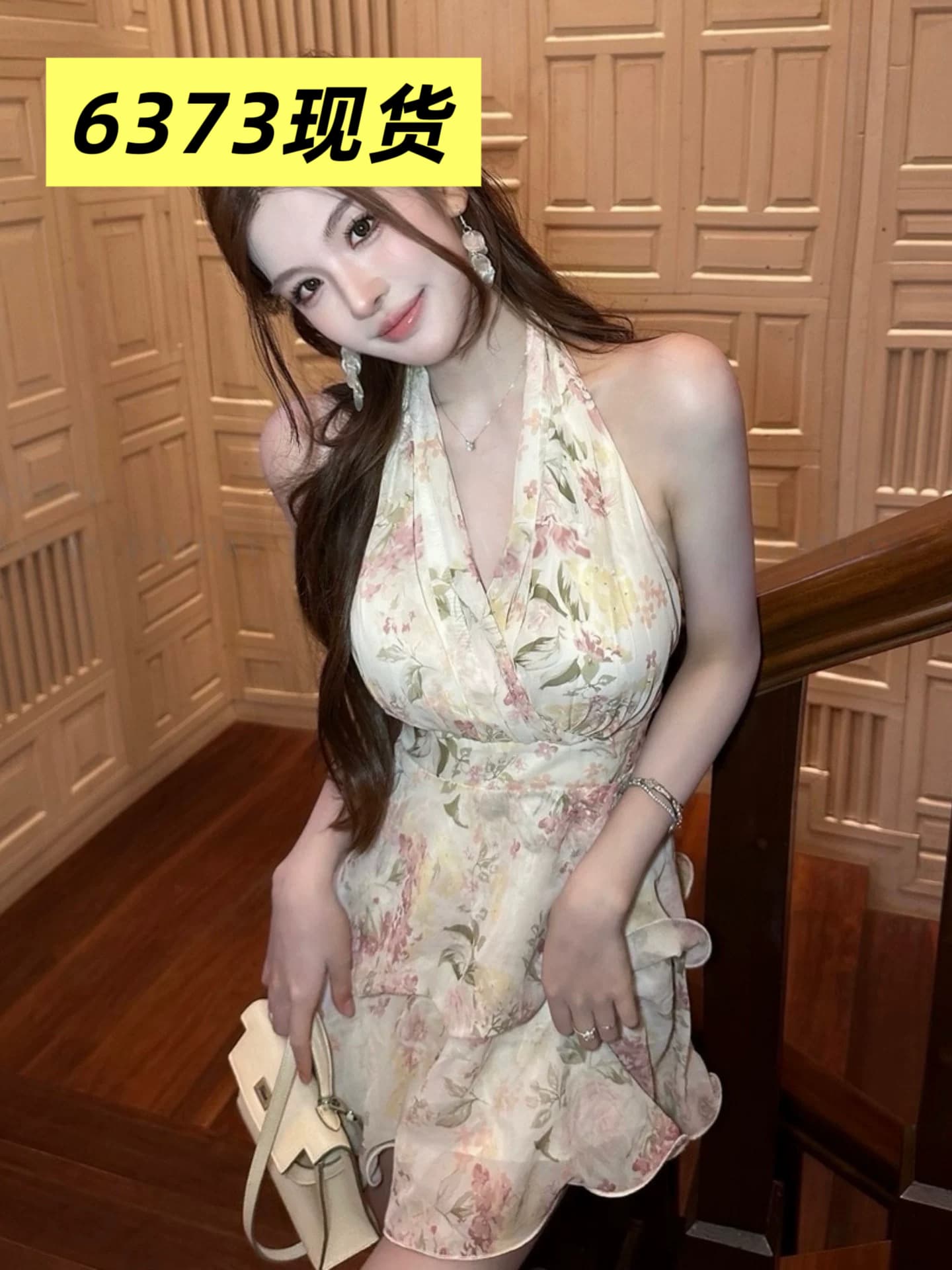 여름 프롤로그 요정 휴가 바람 이중층 프릴 꽃무늬 행침 목 드레스 이미지 2