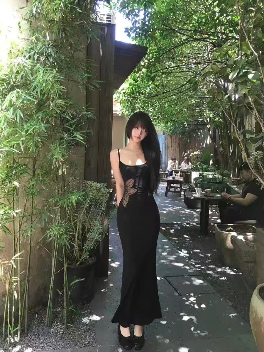 다음 주 6 디자인 센스 홀로우 아웃 이슬 허리 롱 스커트 핫걸 검정색 슬립 드레스 허리 수축 타이트 스커트 여성 드레스 여름 이미지 3