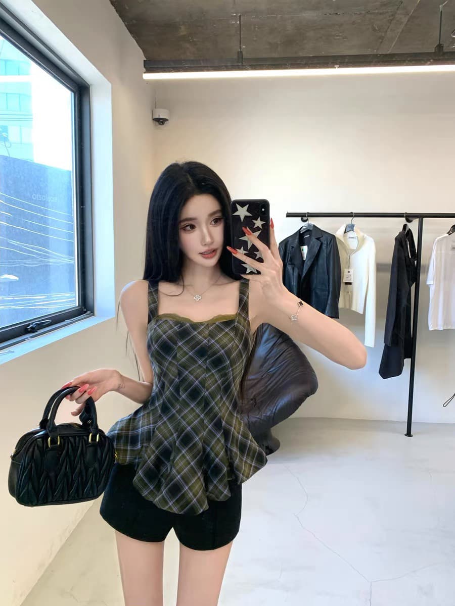 barbchill 체크무늬 일기 체크무늬 캐미솔 여름 허리 수축 인어 꼬리 밑단 민소매 맨위