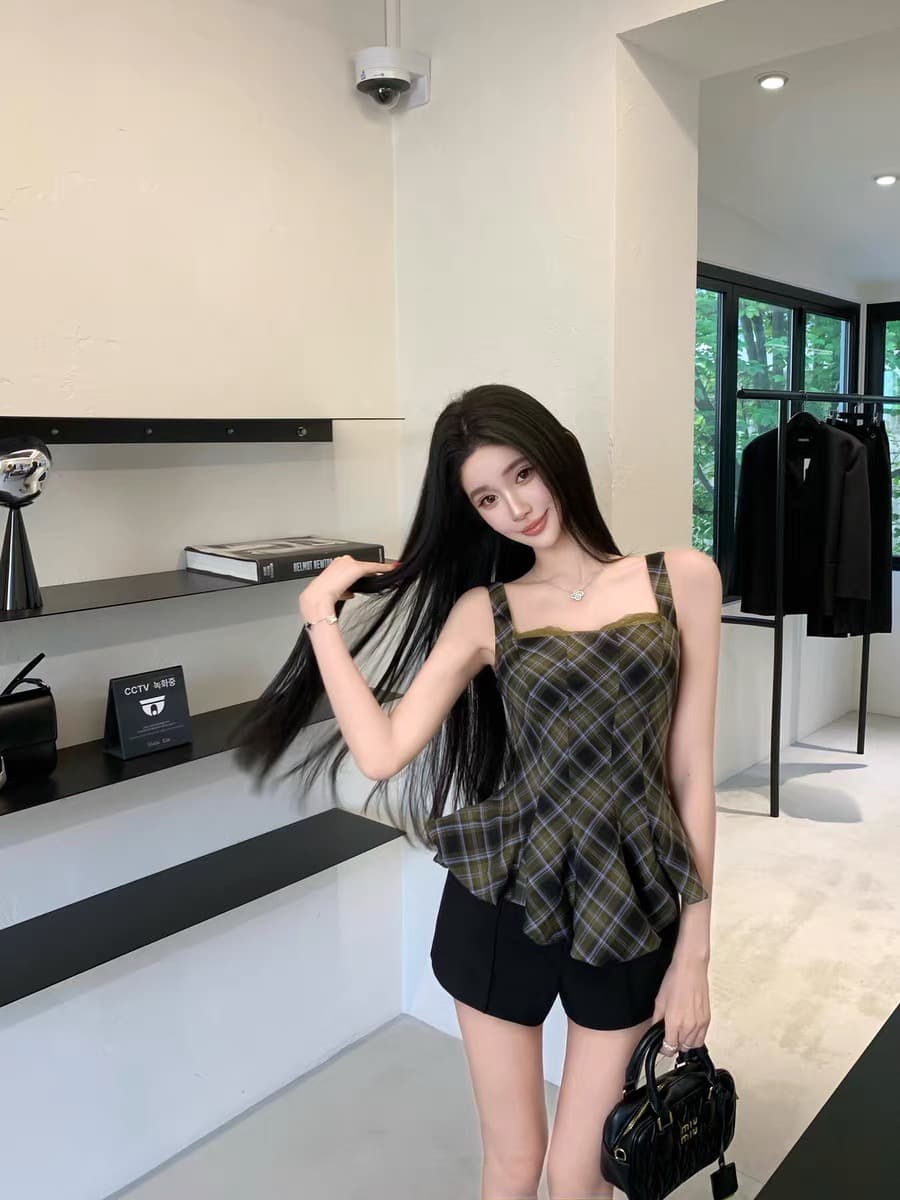 barbchill 체크무늬 일기 체크무늬 캐미솔 여름 허리 수축 인어 꼬리 밑단 민소매 맨위 이미지 2