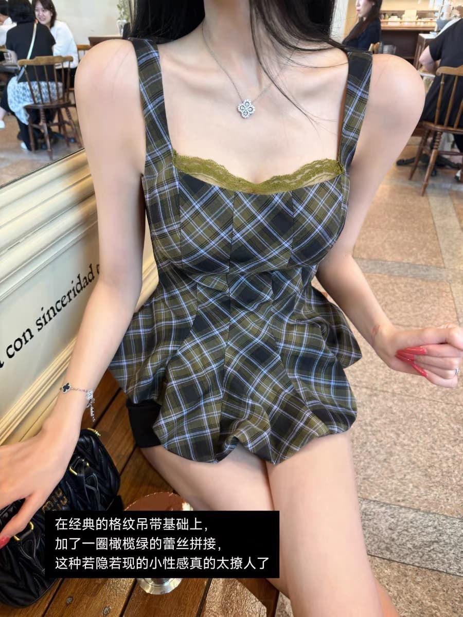 barbchill 체크무늬 일기 체크무늬 캐미솔 여름 허리 수축 인어 꼬리 밑단 민소매 맨위 이미지 3