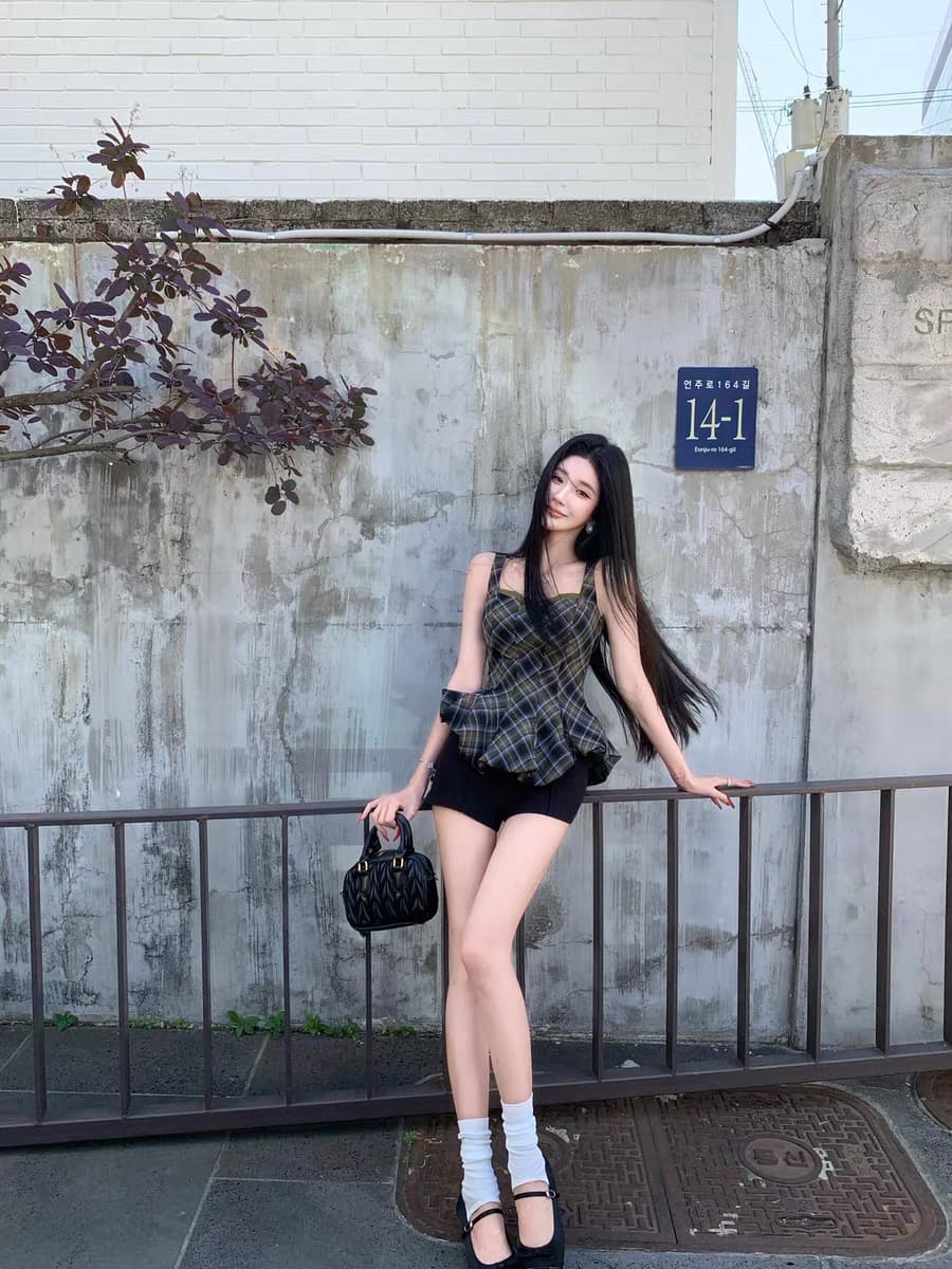 barbchill 체크무늬 일기 체크무늬 캐미솔 여름 허리 수축 인어 꼬리 밑단 민소매 맨위 상세 이미지 4