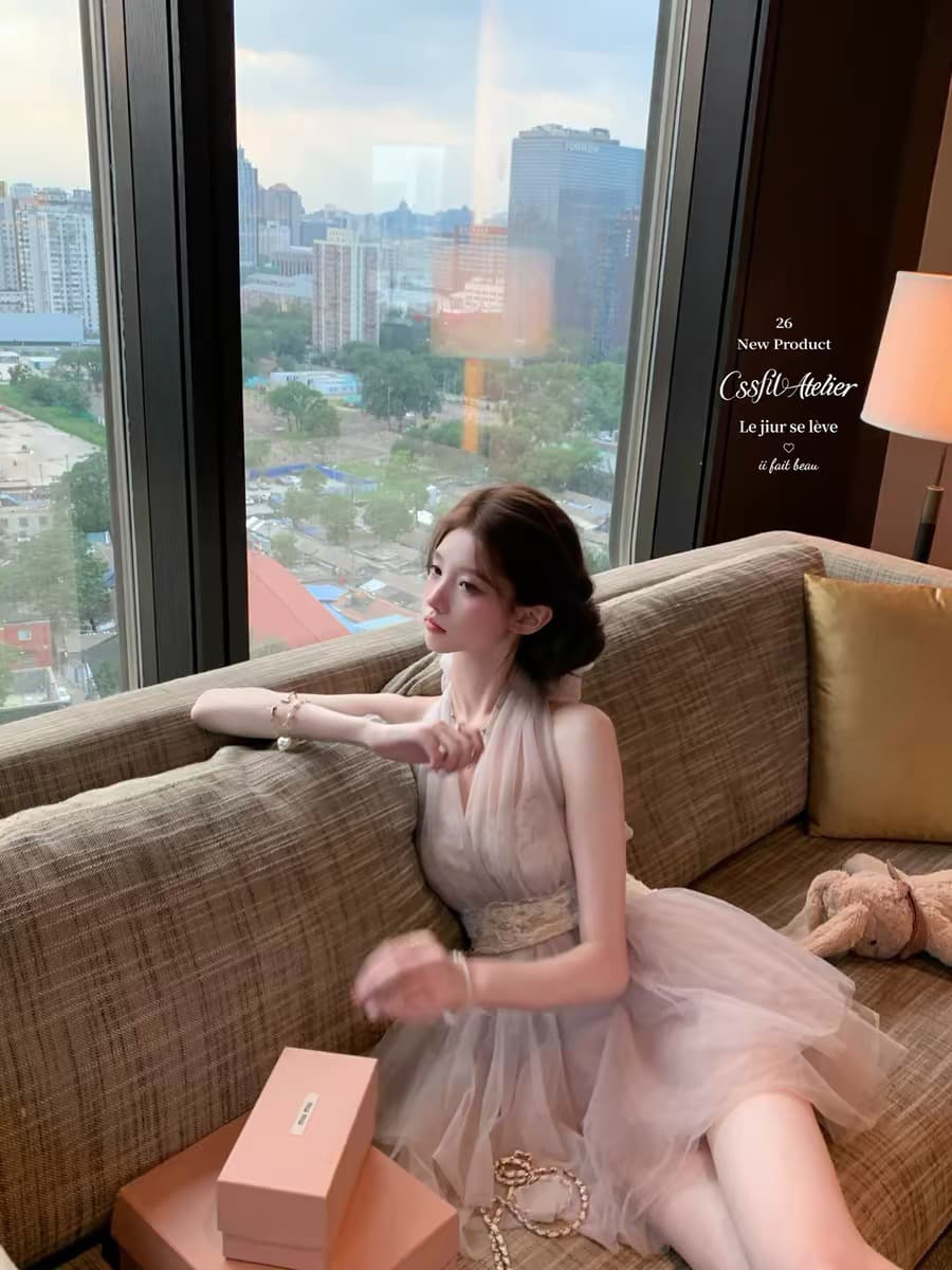 늦게 우산 우산 26 ss 황혼 등나무 nway 다양한 착용 법 라벤더 보라색 레이스 행침 목 드레스 이미지 4