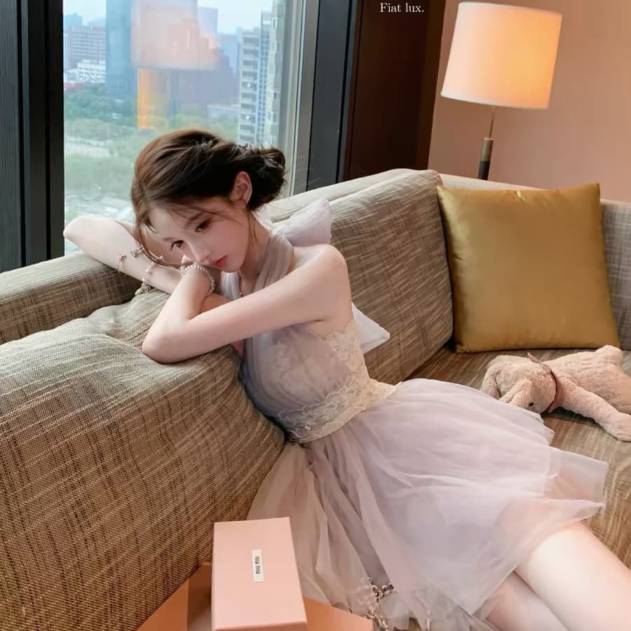 늦게 우산 우산 26 ss 황혼 등나무 nway 다양한 착용 법 라벤더 보라색 레이스 행침 목 드레스 이미지 5
