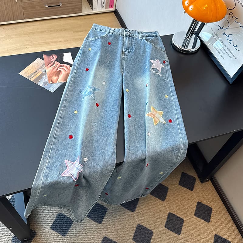 아메리칸 레트로 높음 거리 별 자수 패치 넓은 다리 청바지 느긋한 학원 스타일 루즈핏 다용도 스트레이트 긴 바지 상세 이미지 2
