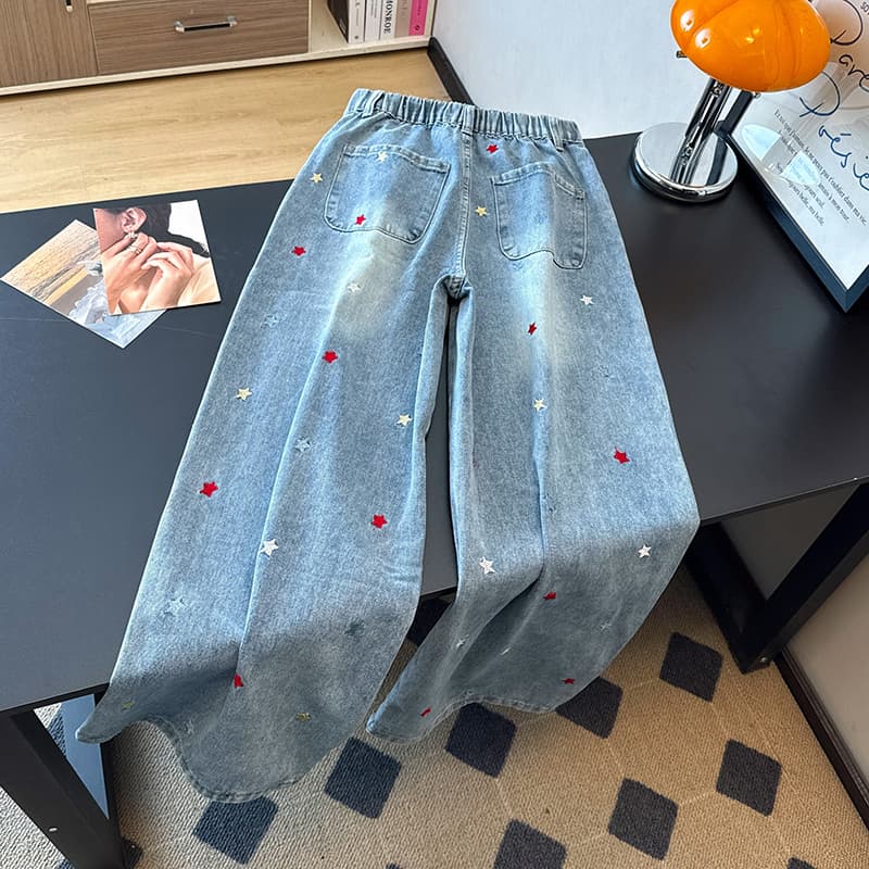 아메리칸 레트로 높음 거리 별 자수 패치 넓은 다리 청바지 느긋한 학원 스타일 루즈핏 다용도 스트레이트 긴 바지 상세 이미지 9