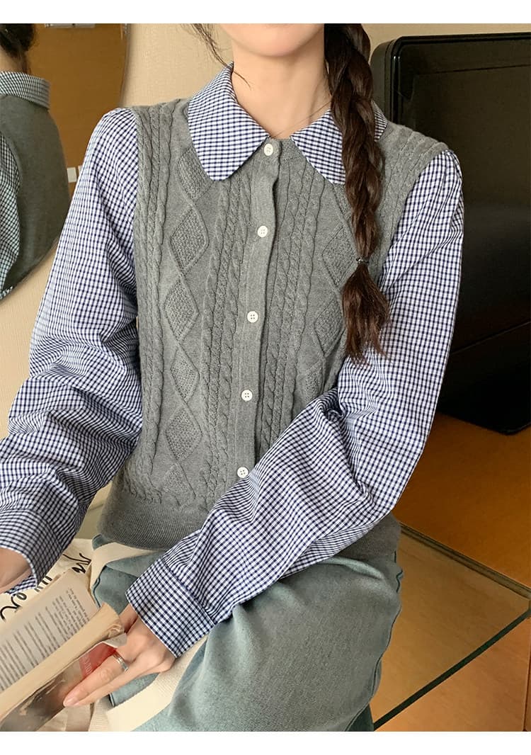 2026 가을 체크무늬 꽈배기 페이크 레이어드 니트 오픈 가디건 한 부서 품격 캐주얼 미니멀리즘 다용도 맨위 여성 상세 이미지 14