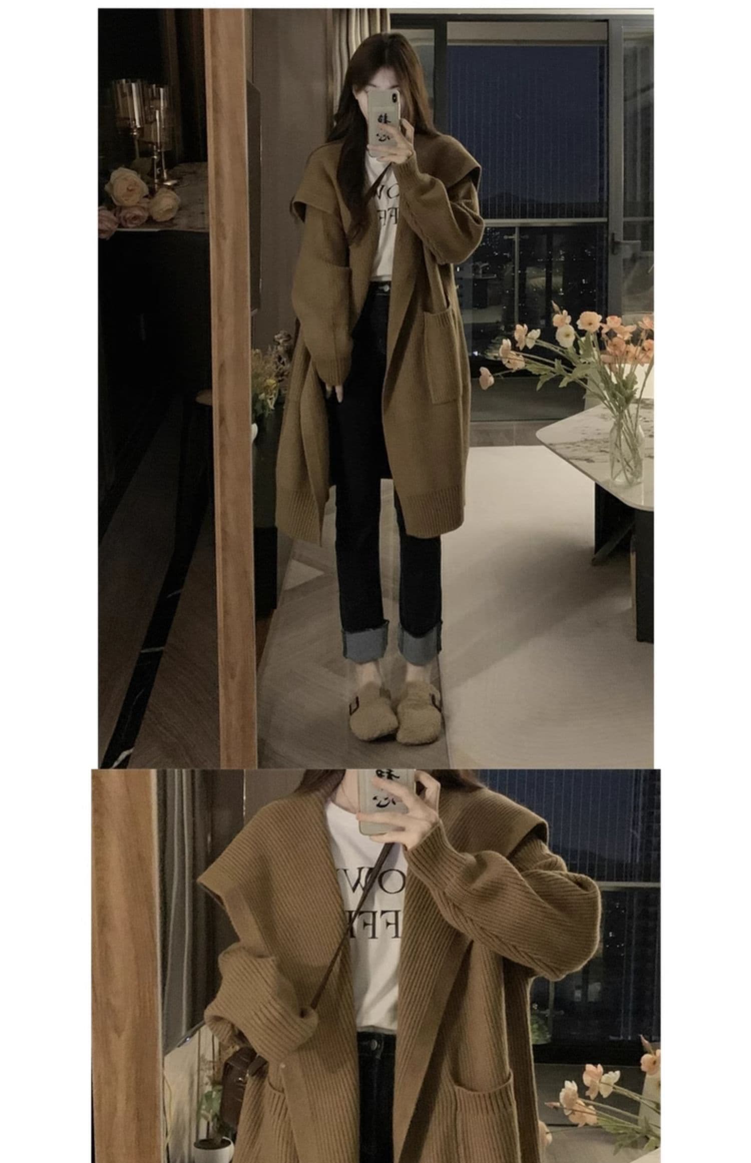 루즈핏 느긋한 바람 롱 코트 스웨터 오픈 가디건 여성 코트 봄 가을 빅 사이즈 통통한 여동생 슬림해 보이는 아름다움 라드. 니트 맨위 상세 이미지 1