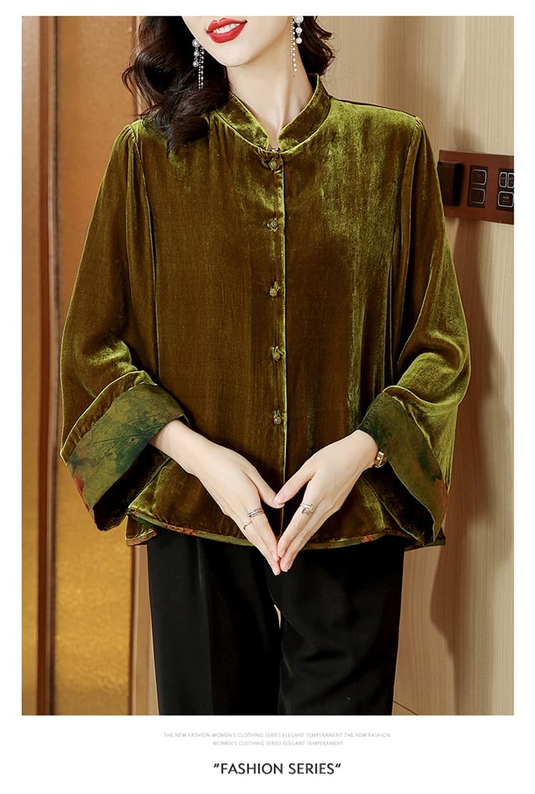 2026 봄 가을 스탠드 칼라 루즈핏 빅 사이즈 실크 벨벳 당나라 재킷 넓은 아내 품격 고급 센스 맨위 상세 이미지 10