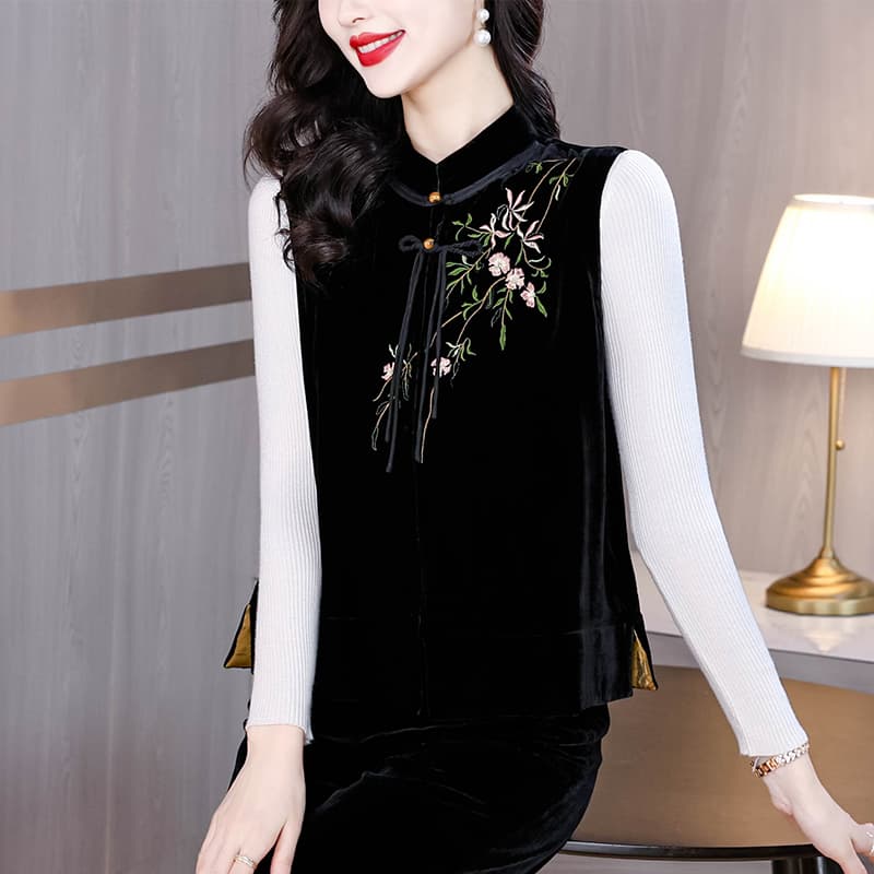 우아함 꽃 자수 실크 벨벳 조끼 여자 새로운 중식 스탠드 칼라 민소매 뽕나무 누에 실크 짧은 외투 이미지 3