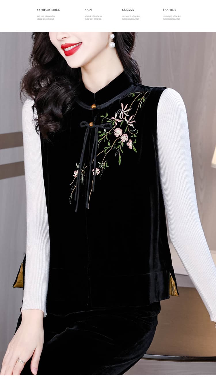 우아함 꽃 자수 실크 벨벳 조끼 여자 새로운 중식 스탠드 칼라 민소매 뽕나무 누에 실크 짧은 외투 상세 이미지 14