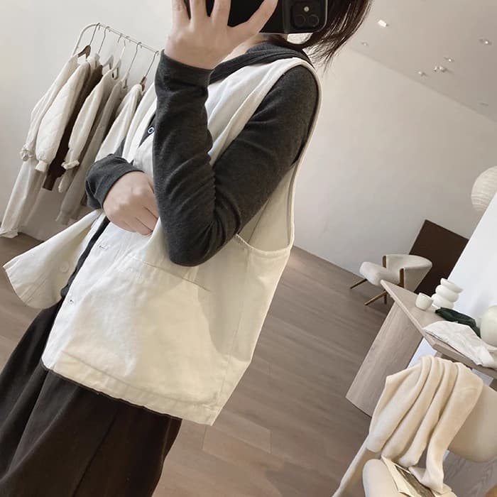 면 소재 조끼 재킷 여성 봄 가을 새로운 루즈핏 슬림해 보이는 V넥 미니멀리즘 작은 대중 디자인 센스 워크웨어 조끼 상세 이미지 9