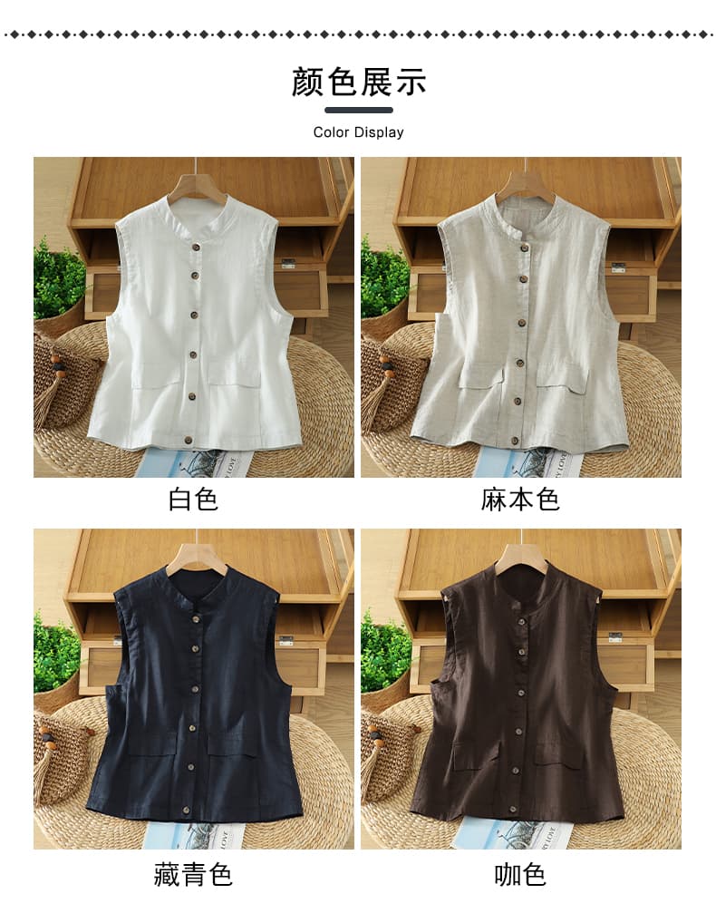 실사 면 린넨 스탠드 칼라 베스트 레트로 워크웨어 바람 루즈핏 쇼트 스타일 어깨 더블 주머니 캐주얼 다용도 단층 베스트 상세 이미지 10
