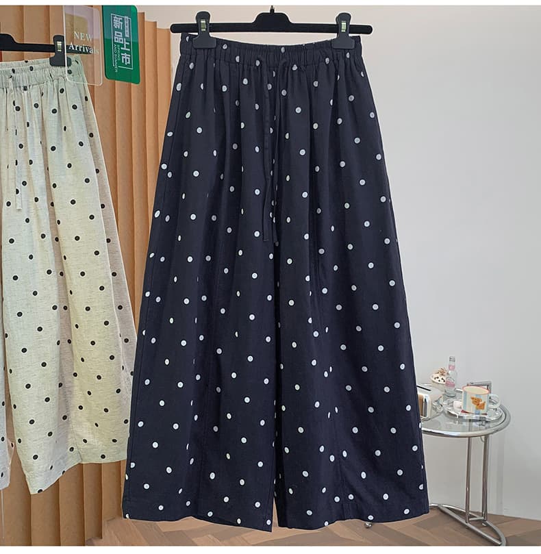 실사 새로운 면 린넨 프린트 도트 무늬 바지 와이드 레그 팬츠 레이스업 허리밴드 슬림해 보이는 루즈핏 하렘 바지 마 바지 상세 이미지 14