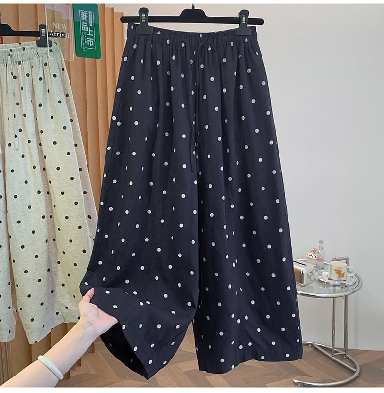 실사 새로운 면 린넨 프린트 도트 무늬 바지 와이드 레그 팬츠 레이스업 허리밴드 슬림해 보이는 루즈핏 하렘 바지 마 바지 상세 이미지 15