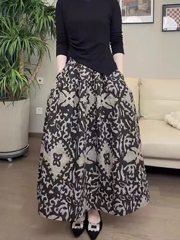2026 봄 여름 새로운 레트로 패션 우아함 프린트 한 마디 빅 플레어 스커트 작은 키 표지 넓적 다리 슬림해 보이는 국풍 우산 치마 이미지 4