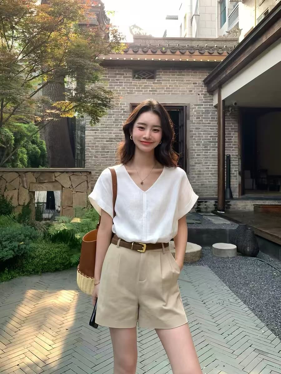 2026 새로운 얇고 가벼운 면 린넨 접기 측면 소매 여성 셔츠 익스트림 제인 V넥 작은 셔츠 루즈핏 반팔 맨위 이미지 4
