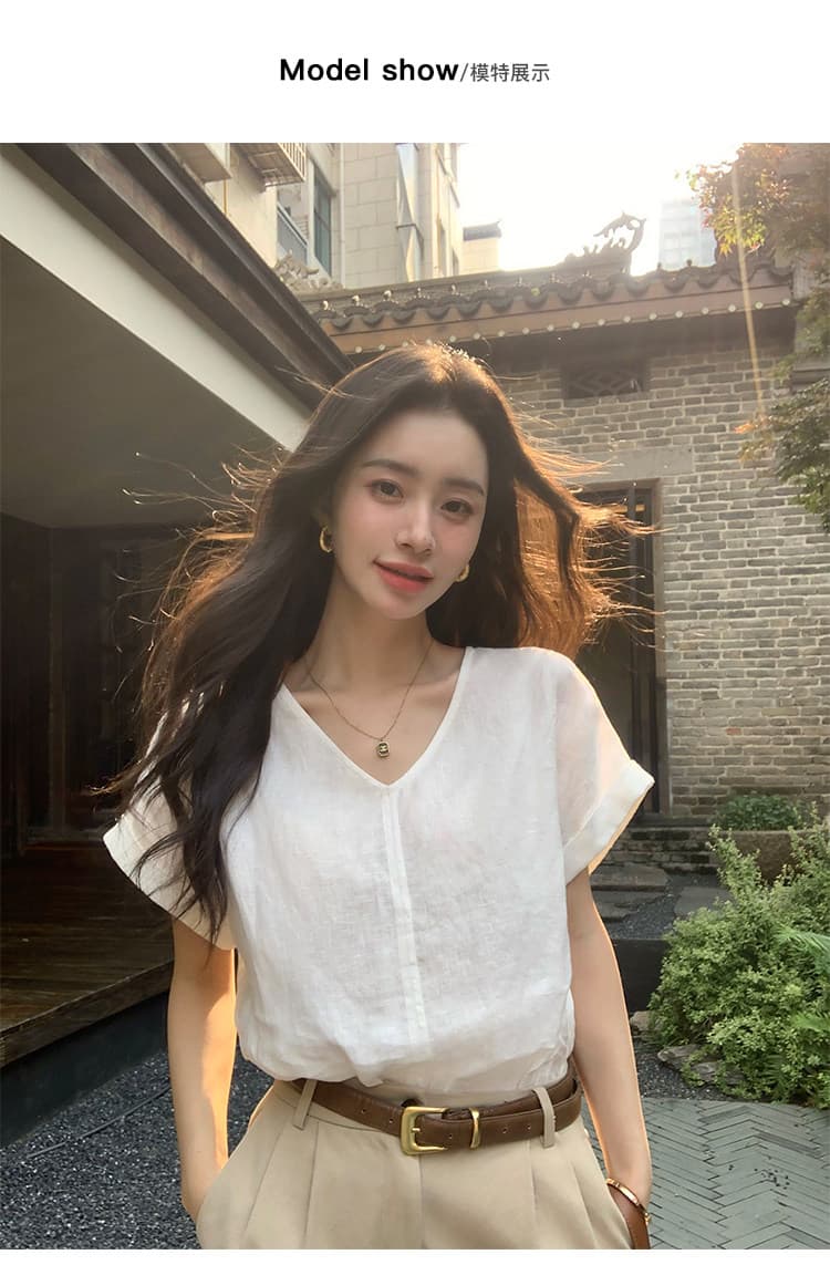 2026 새로운 얇고 가벼운 면 린넨 접기 측면 소매 여성 셔츠 익스트림 제인 V넥 작은 셔츠 루즈핏 반팔 맨위 상세 이미지 2