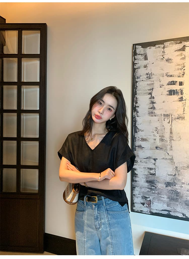 2026 새로운 얇고 가벼운 면 린넨 접기 측면 소매 여성 셔츠 익스트림 제인 V넥 작은 셔츠 루즈핏 반팔 맨위 상세 이미지 17