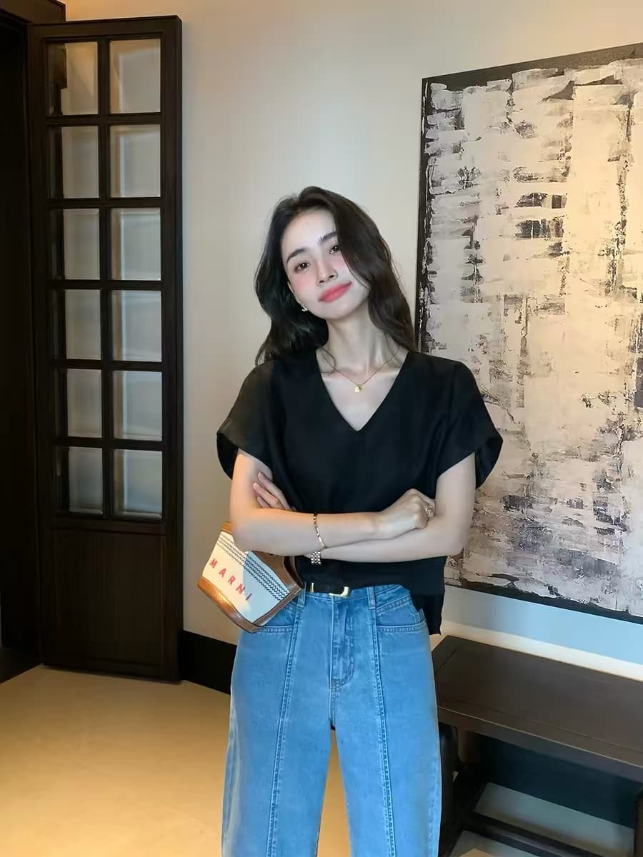 2026 새로운 얇고 가벼운 면 린넨 접기 측면 소매 여성 셔츠 익스트림 제인 V넥 작은 셔츠 루즈핏 반팔 맨위 상세 이미지 20