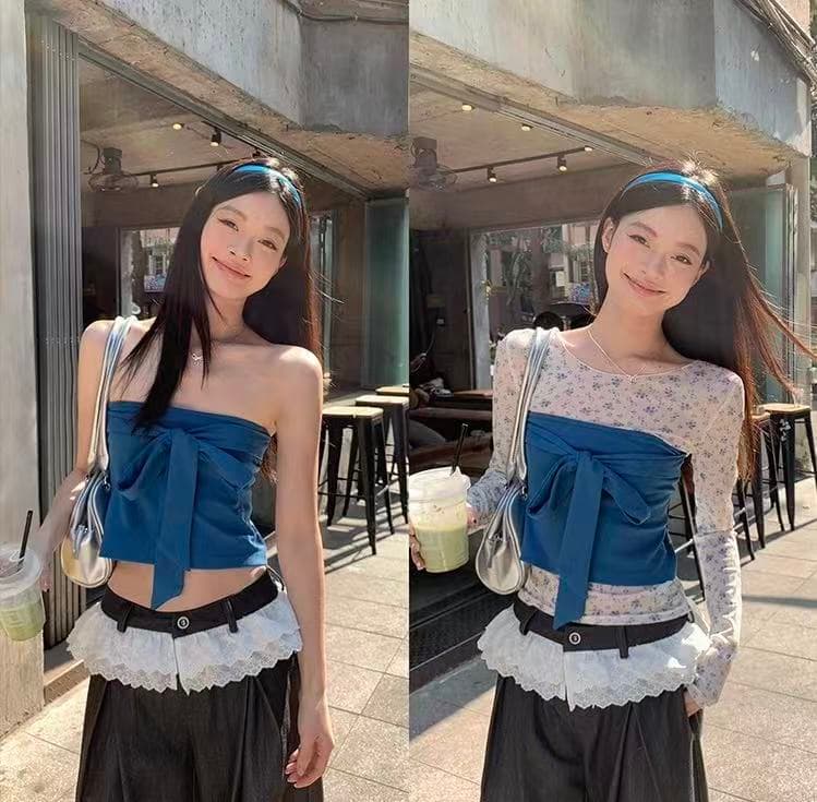 송 긍정적 인 En 달콤한 스타일 꽃무늬 망사 라운드 넥 긴팔 티셔츠 여성 봄 스택 착용 나비 매듭 튜브탑 투피스 세트