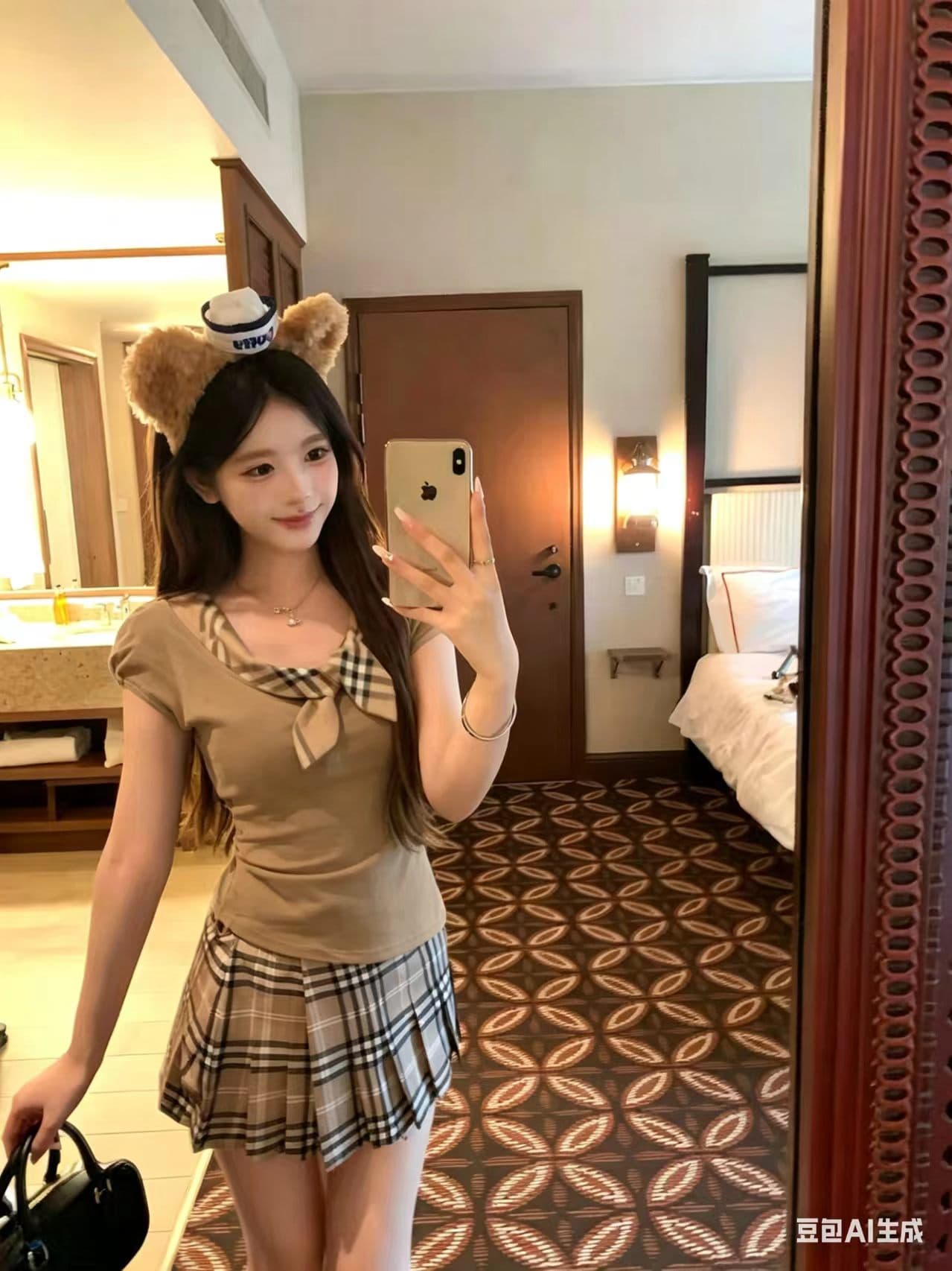 착용 가져 가라. 체크무늬 토끼 귀 검정색 티셔츠 맨위 소녀 플리츠 치마 세트 이미지 2