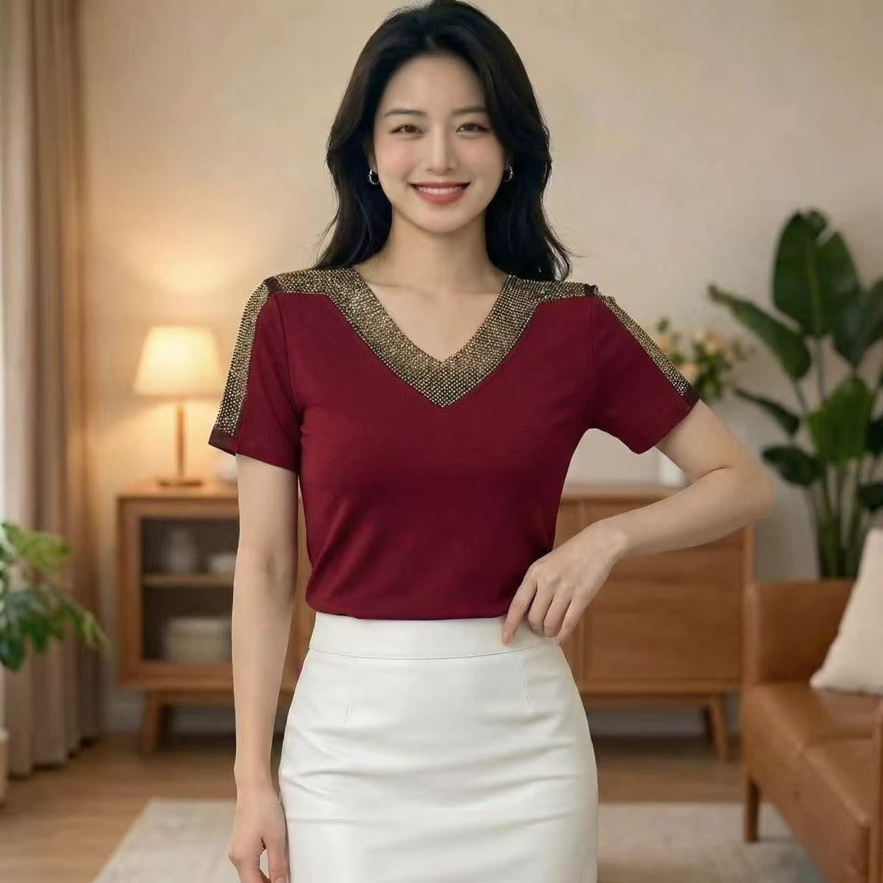실사 2026 유럽 역 여름 새로운 패션 V넥 홀로우 아웃 품격 인터넷 훈련 몸매 가꾸기 반팔 기본 셔츠 여성 트렌디 상세 이미지 2