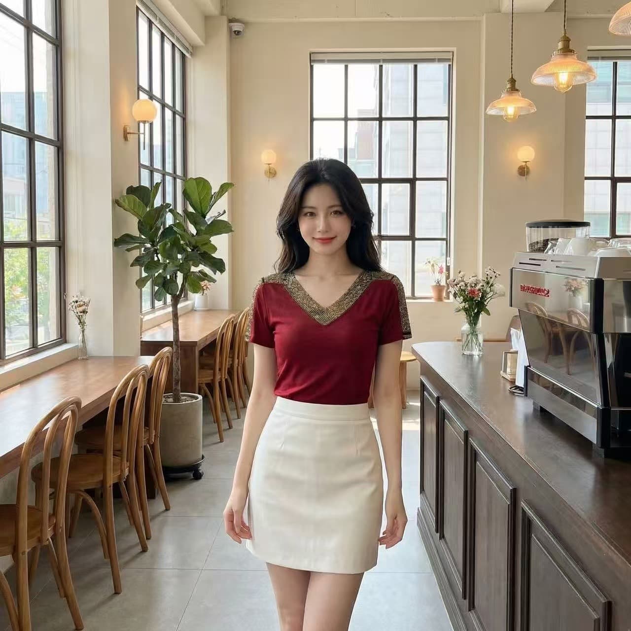 실사 2026 유럽 역 여름 새로운 패션 V넥 홀로우 아웃 품격 인터넷 훈련 몸매 가꾸기 반팔 기본 셔츠 여성 트렌디 상세 이미지 7