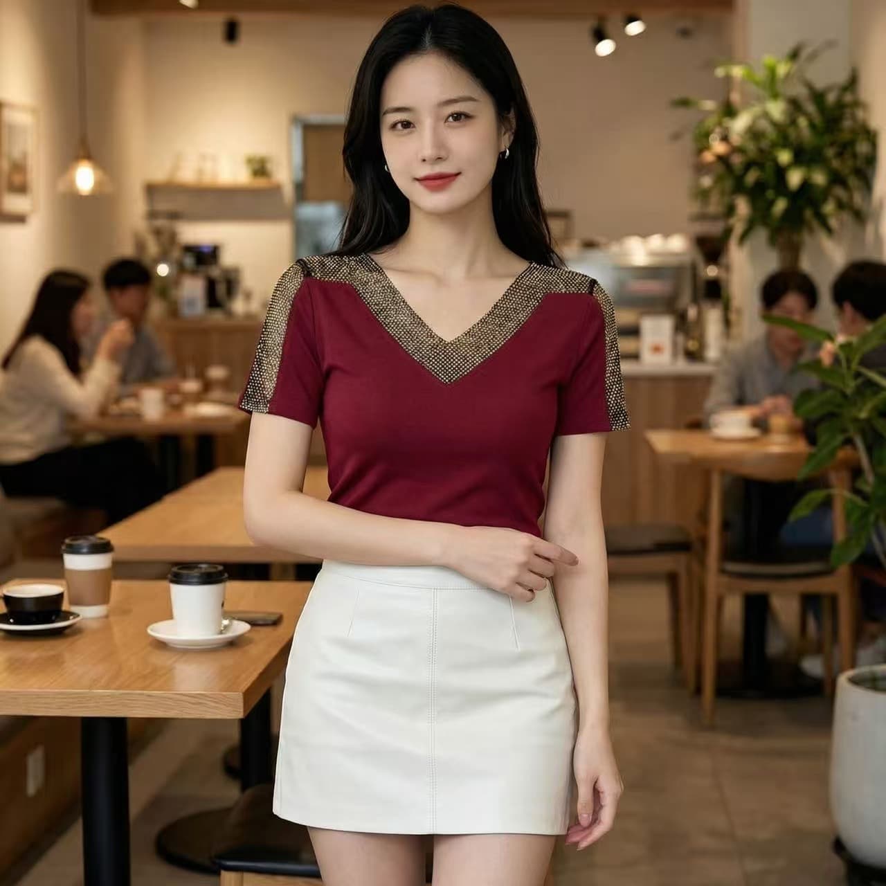 실사 2026 유럽 역 여름 새로운 패션 V넥 홀로우 아웃 품격 인터넷 훈련 몸매 가꾸기 반팔 기본 셔츠 여성 트렌디 상세 이미지 18