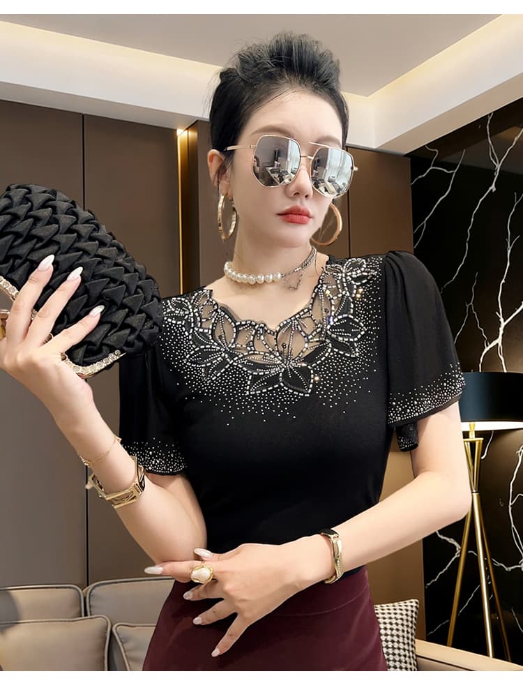 2026 여름 새로운 오리지널 무거운 작업 다이아몬드 세팅 이중층 망사 패션 칼라 플라워 홀로우 아웃 칼라 반팔 여성 셔츠 트렌디 상세 이미지 13
