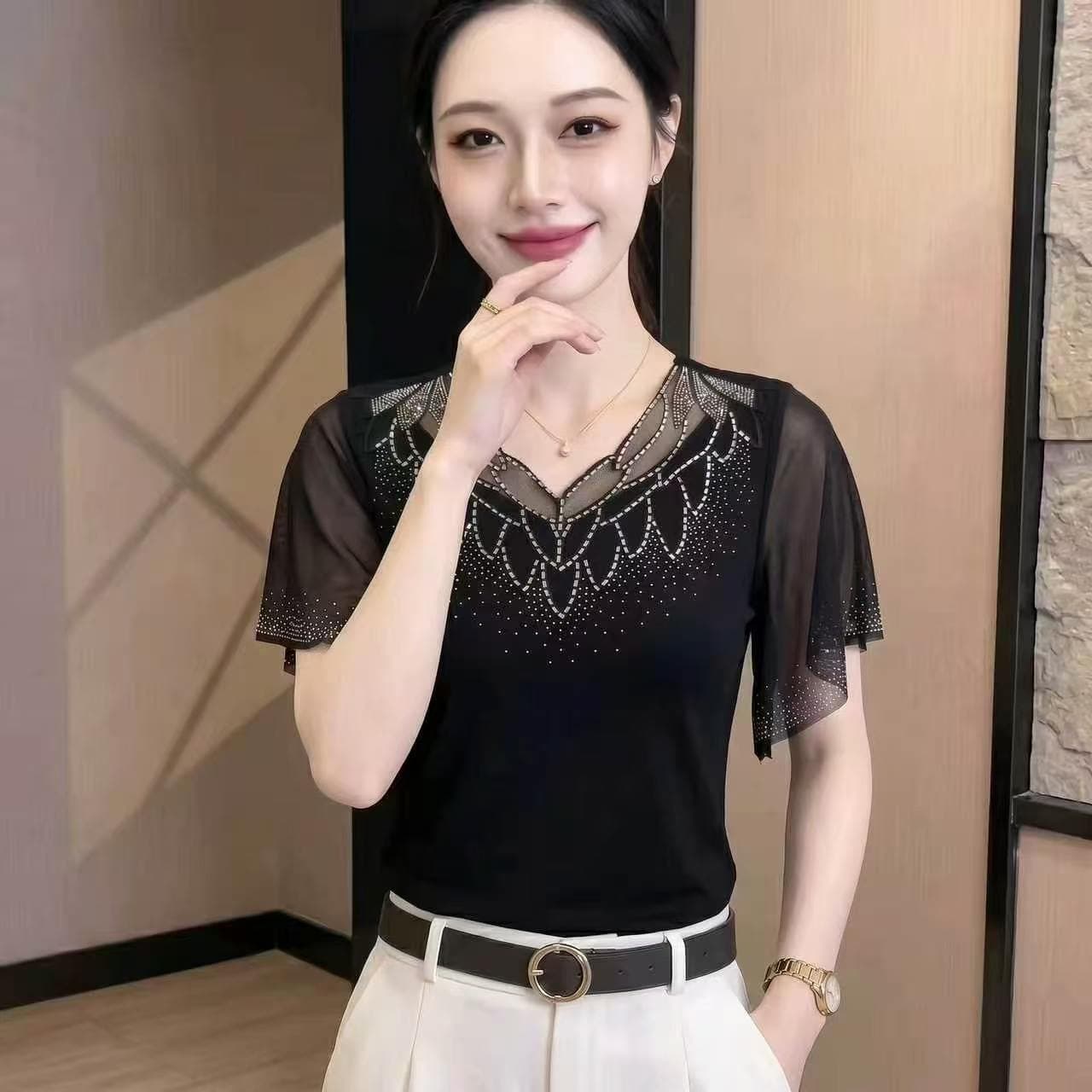 2026 여름 새로운 오리지널 무거운 작업 다이아몬드 세팅 이중층 망사 반팔 여성 품격 슬림해 보이는 외국 가스 날다 소매 맨위 트렌디 상세 이미지 9