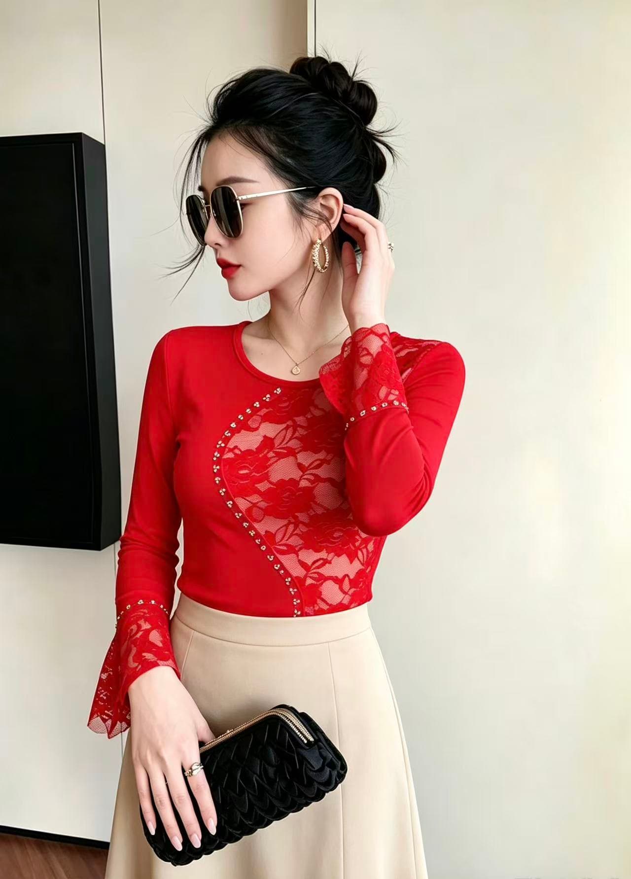 품격 레이스 핫픽스 긴팔 여성 티셔츠 몸매 가꾸기 슬림해 보이는 나팔 소매 라운드 넥 기본 셔츠 외국 가스 패치워크 작은 셔츠 상세 이미지 14